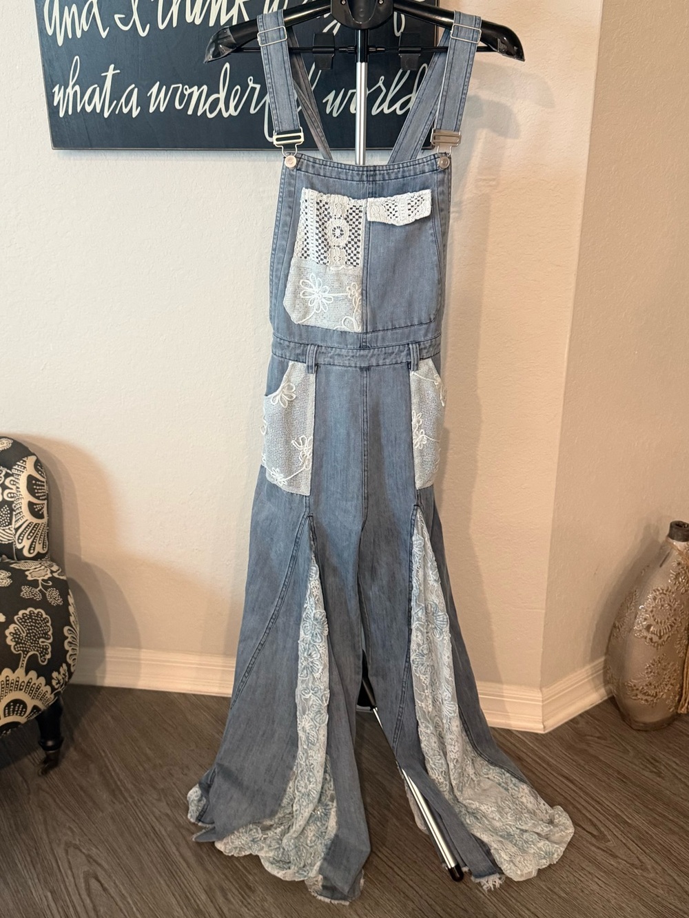 Blue Velvet Lace-Panel Wide-Leg Denim Overalls